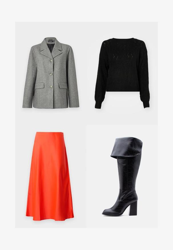 Grauer Fischgrätblazer mit Reverskragen, drei Knopfverschluss, zwei Fronttaschen und strukturierter Passform. Glattes Material und maßgeschneiderte Gestaltung.; Vero Moda VMYEN ONECK - Strickpullover - black; Roter Satin-Midirock mit einer glatten Textur, A-Linien-Silhouette und einem subtilen Schwung am Saum. Keine sichtbaren Muster oder Verzierungen.; Hoher schwarzer Lederstiefel mit Absatz, umgeschlagenem Umschlag und abgerundetem Zehenbereich, steht aufrecht auf weißem Hintergrund.
