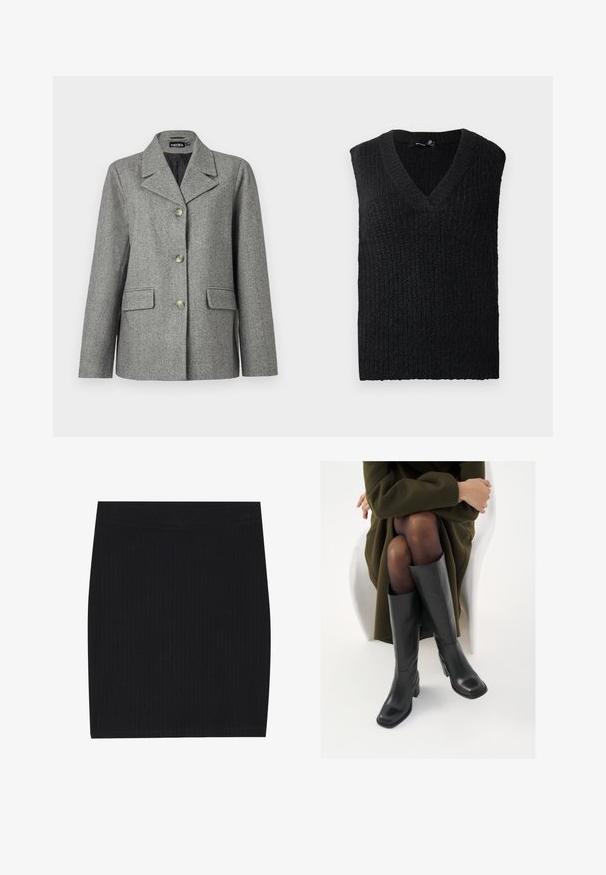 Grå hørblazer med skrå krave, tre-knap lukning, to forlommer og en struktureret pasform. Glat stof og skræddersyet design.; Sort strikket ærmeløs sweatervest med V-hals liggende fladt på en hvid baggrund.; Sort ribbet strikket mini nederdel med et tætsiddende design, glat tekstur og en elastisk talje for komfort.; Knæhøje sorte læder støvler med firkantet tå og blokhæl, vist med en model siddende i en olivengrøn frakke. Glat tekstur, minimal detaljer.