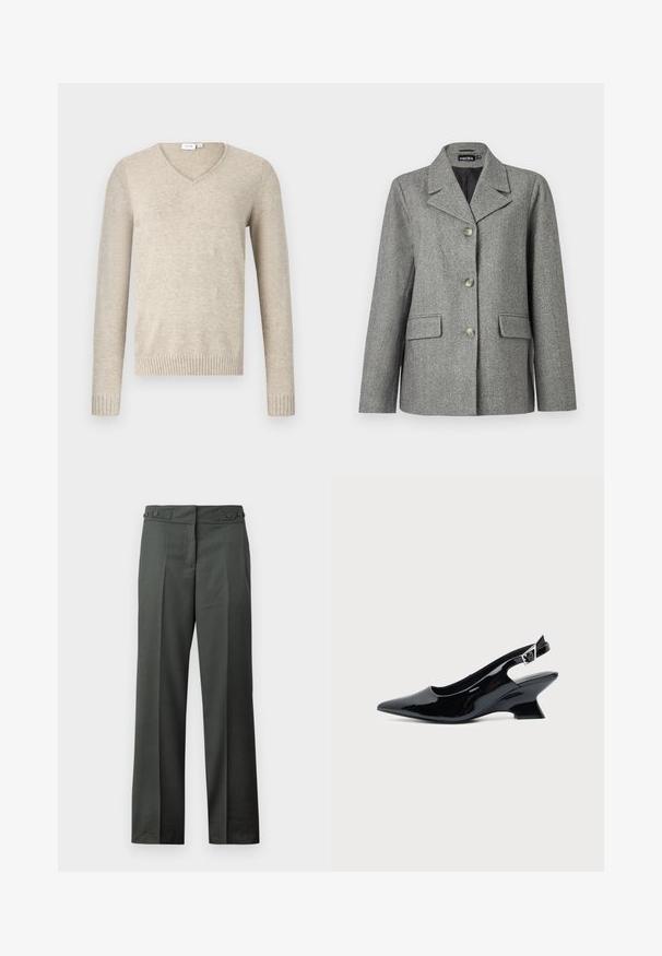 Halli hall pattern'iga hall jakk, lüliti, kahe taskuga ja struktureeritud istuvus. Sile kangas ja kohandatud disain.; Beige V-kaelusega kampsun, mis on valmistatud pehmest materjalist, millel on pikad varrukad ja soonikkoes mansetid. Omab lihtsat disaini, ilma mustrite või kaunistusteta.; Tumehallid sirge säärega püksid esipartitsioonide ja külgedel nööbitava reguleeritava vööosaga valgel taustal.; Mustast lakknahast slingback king, millel on terav nina ja madal kalle plokktald, ühtlase heleda taustaga.