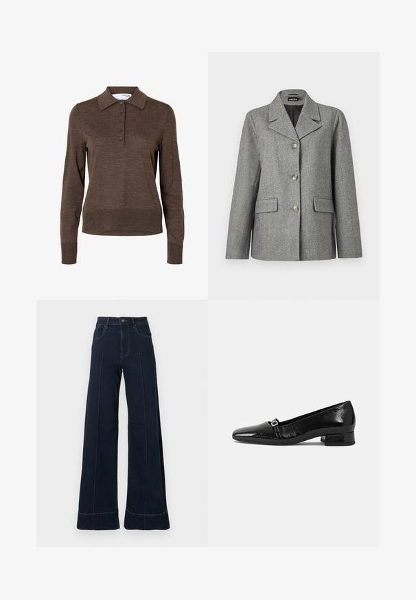 Grå hørblazer med skrå krave, tre-knap lukning, to forlommer og en struktureret pasform. Glat stof og skræddersyet design.; Brun dames poloshirt med lange ærmer, krave og fem knapper foran, lavet af fint strikket stof.; Mørkeblå, vide jeans med høj talje, der har forlommer og synlige sømme. Lavet af denimstof med en glat tekstur.; Sorte patentlæder balletflade med spids tå, lav firkantet hæl og en lille metallisk spænde detalje på remmen. Glat tekstur.