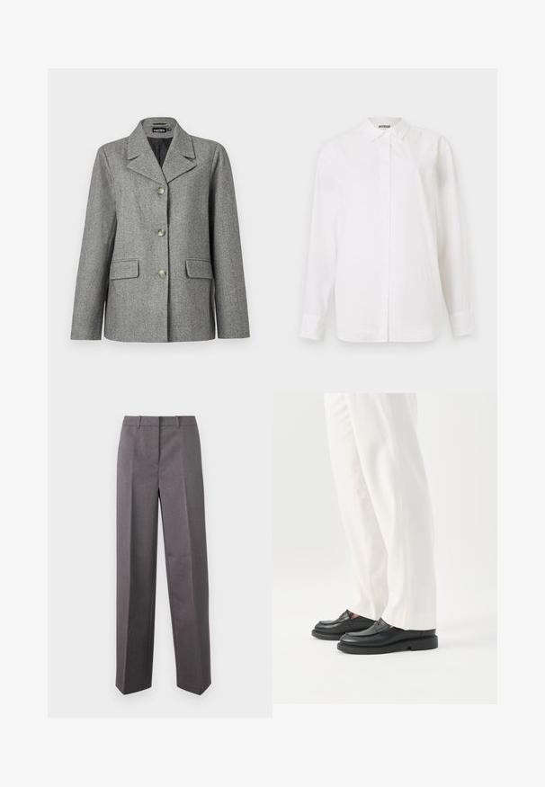 Grå hørblazer med skrå krave, tre-knap lukning, to forlommer og en struktureret pasform. Glat stof og skræddersyet design.; Hvid skjorte med knap-lukning lavet af glat stof. Har en klassisk krave, lange ærmer og en lige pasform uden synlige mønstre eller udsmykninger.; Grå skræddersyede bukser lavet af struktureret stof, med lige ben, flad front og bæltestropper.; Person iført hvide skræddersyede bukser og sorte læder loafers stående på hvid baggrund.
