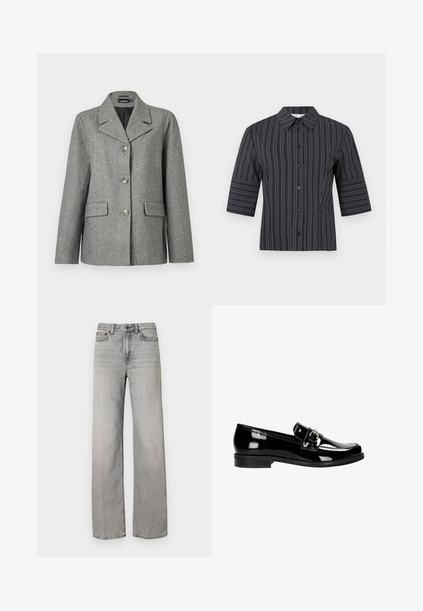 Blazer en chevrons gris avec col cranté, fermeture à trois boutons, deux poches avant et coupe structurée. Tissu lisse et design ajusté.; Chemise noire à manches courtes avec boutons, ornée de fines rayures blanches verticales et d'un col pointu, présentée sur un fond blanc uni.; Jean large en denim gris avec un lavage moyen, comportant une fermeture à bouton, cinq poches et des détails de couture standard.; Mocassins en cuir verni noir avec une sangle et des détails en argent, dotées d'une semelle plate et de coutures le long des bords.