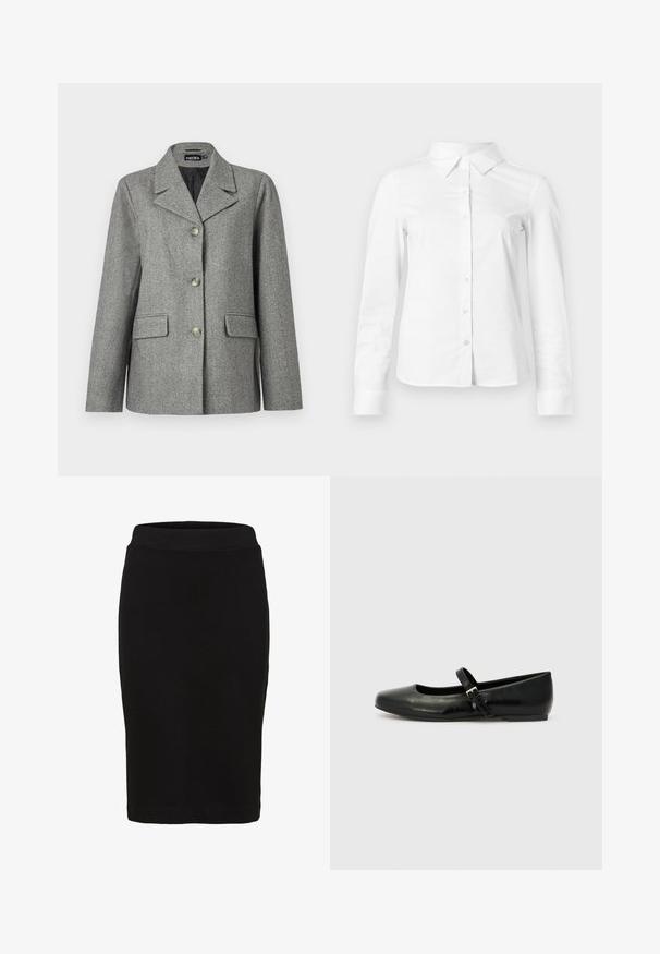 Grå hørblazer med skrå krave, tre-knap lukning, to forlommer og en struktureret pasform. Glat stof og skræddersyet design.; Hvid skjorte med lange ærmer, knapper, spids krave, lige kant og tætsiddende silhuet, vist på en ensartet lys baggrund.; Sort knælang pencilskørt med en tætsiddende linning og glat stof, vist mod en hvid baggrund.; Sorte læder balletflade med rund tå, flad sål og en tynd justerbar rem over svangen med en metalspænde.