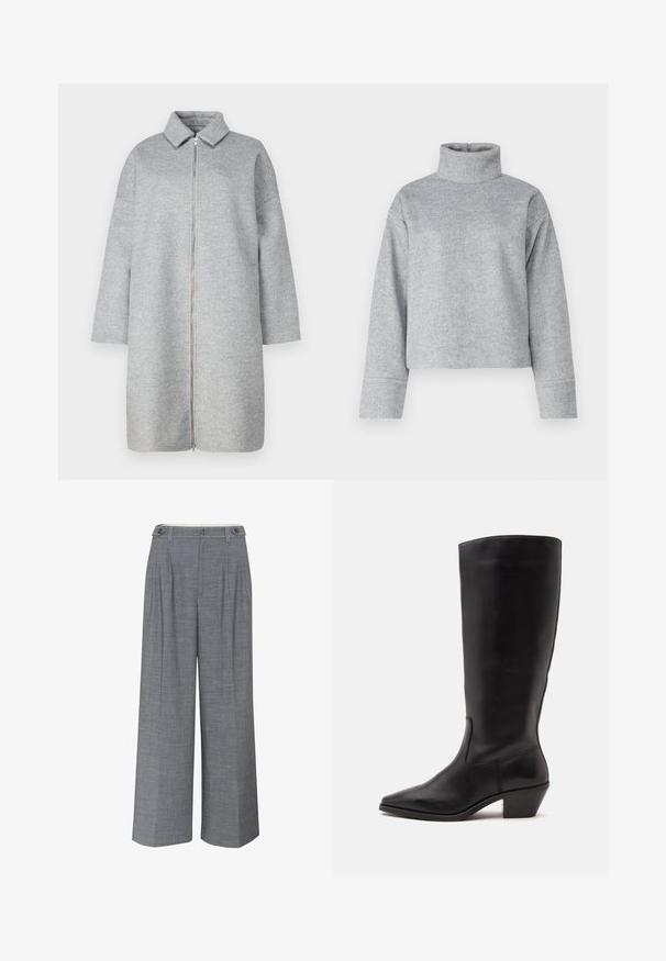 Grå uldfrakke med krave, fuldlængde lynlås og lange ærmer. Blød tekstur og længde til under knæene. Minimalistisk design uden udsmykninger.; Grå, kort turtleneck sweater lavet af en blød, tekstureret stof. Har lange ærmer med en afslappet pasform og minimale sømdetaljer.; Grå bukser med bred benåbning lavet af tekstureret stof, der har dobbelt knaplukning og frontfolder for ekstra designdetaljer.; Sort læderstøvle til midtkalv med spids tå og lavt skråt hæl på en enkel lys baggrund.