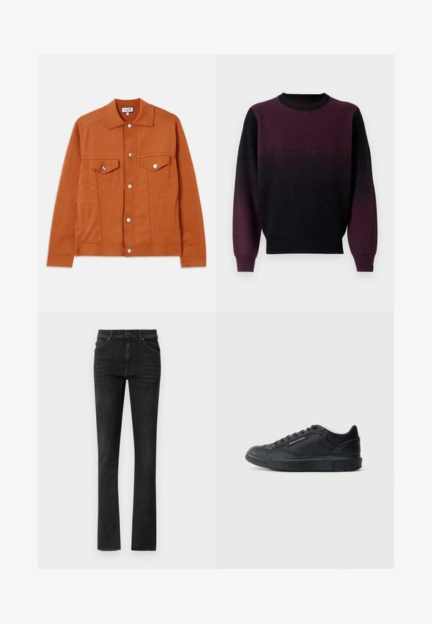 Rødbrun jakke med knaplukning, to brystlommer og spids krave. Fremstillet af et tekstureret stof med synlige sømme.; Pullover sweater i gradient fra sort til dyb lilla. Blød striktekstur, rund halsudskæring og lange ærmer. Ribbet afslutning ved ærmer og kant.; Sorte denim jeans med lige ben, der har frontlommer og en knaplukning. Glat tekstur med subtil fading.; Sorte læder sneakers med struktureret overflade, rund tå, snørebåndsdesign, gummisål og diskret logo-detalje på siden og hælen.