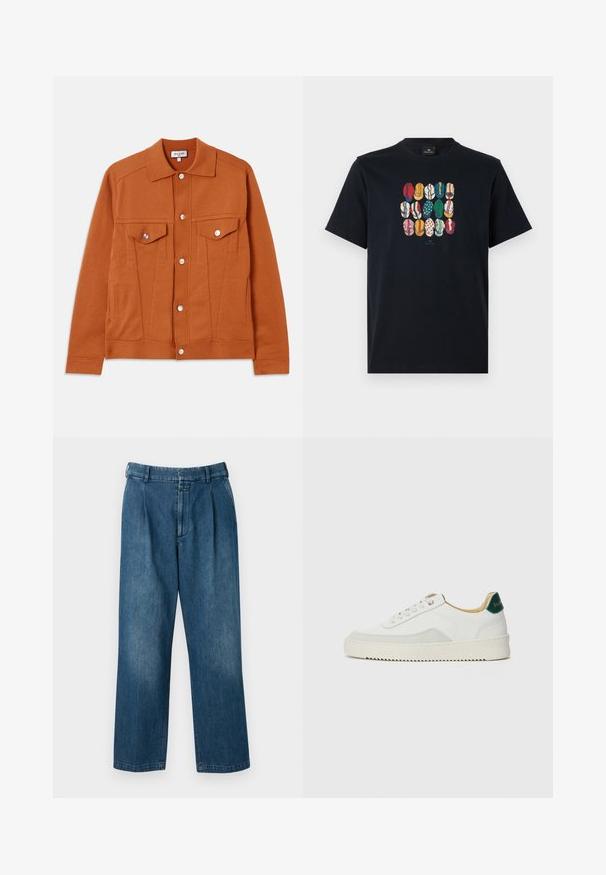 Veste couleur rouille avec un bouton sur le devant, deux poches poitrine et un col pointu. Fabriquée dans un tissu texturé avec des coutures visibles.; T-shirt en coton noir avec un graphique coloré représentant différentes lèvres dans divers motifs et couleurs sur le devant. Encolure ronde, manches courtes.; Pantalons en denim bleu avec un design à jambes droites, dotés d'une taille haute, de plis à l'avant et d'une fermeture à bouton classique. Texture lisse.; Baskets blanches avec des accents en daim, bout arrondi, lacets plats et semelle en caoutchouc crème. Présente une marque verte sur le talon.
