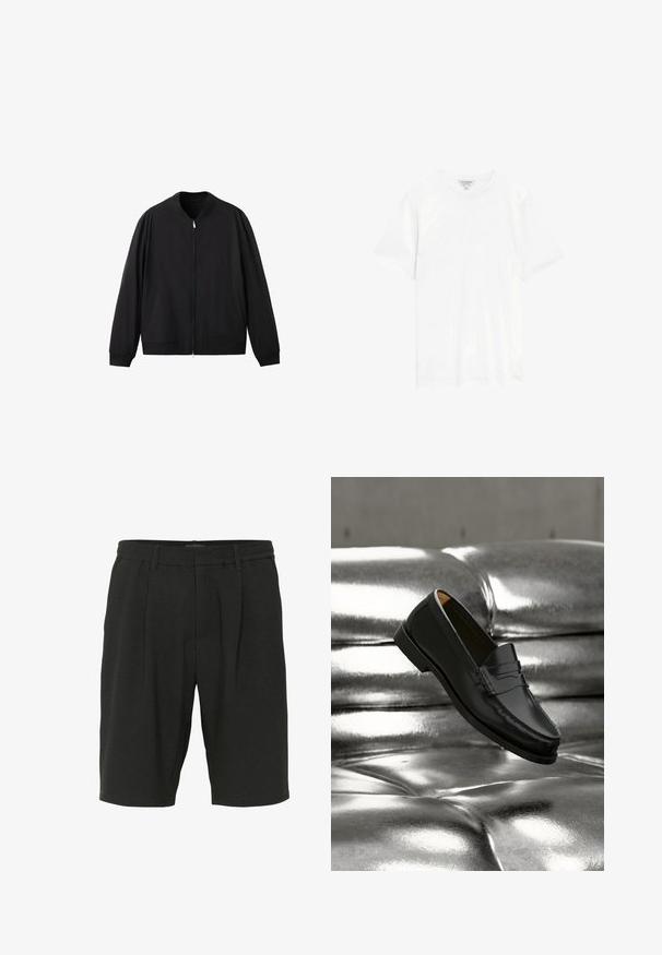 Schwarze Bomberjacke mit Frontreißverschluss, geripptem Kragen, Bündchen, Saum und zwei Seitentaschen, auf weißem Hintergrund dargestellt.; Autograph T-Shirt basic - white; Schwarze Shorts aus strukturiertem Stoff, mit lockerer Passform, Falten und einem elastischen Bund für zusätzlichen Komfort.; Schwarzer Lederloafer, der über einem glänzenden silberfarbenen, gesteppte Ledersofa in einer minimalistischen Umgebung schwebt.