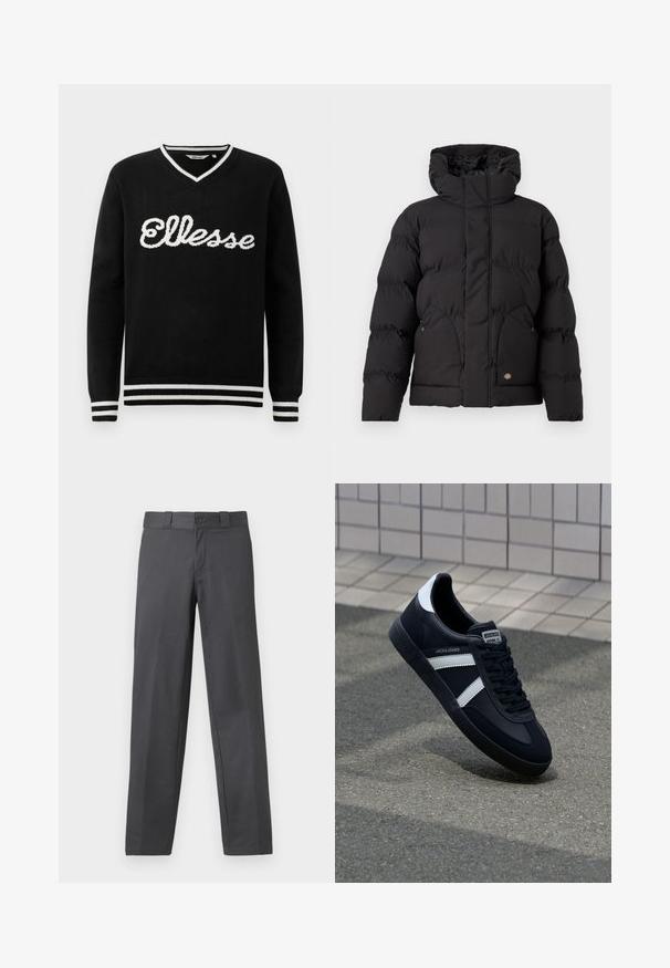 Schwarze Puffjacke mit hohem Kragen, ausgestattet mit einem Reißverschluss vorne, zwei seitlichen Taschen und einem logobezogenen Akzent auf der unteren Vorderseite. Weicher, gesteppten Textur.; Schwarzer V-Ausschnitt-Pullover mit weißem "Ellesse"-Logo über der Brust und weißen Streifen an Kragen, Manschetten und Saum.; Grau farbene Hosen aus glattem Stoff, mit geradem Bein, Knopfverschluss und Gürtelschlaufen; minimale Nähte und ohne Muster.; Schwarze Leder-Sneaker mit weißen Streifen, strukturiertem Gummisohle und Schnürung. Verfügt über ein Markenetikett auf der Zunge.
