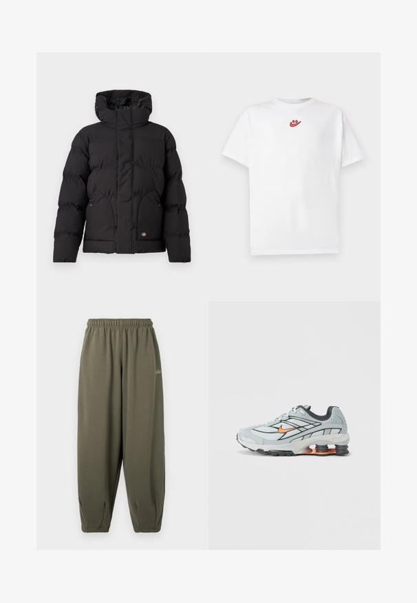 Sort pufferjakke med høj krave, med lynlås foran, to sidelommer og en logoaccent foran nederst. Blød, quilted tekstur.; Hvid t-shirt med korte ærmer og lille rødt smiley-logo placeret centralt nær halsudskæringen foran.; Grågrønne sweatpants med elastisk talje og manchetter. Har minimal branding i matchende tråd på siden. Blød tekstur.; Lyst grå løbesko med sorte detaljer, orange logo, mesh-overdel, polstret krave og gummisål med synlige stødabsorberende enheder.