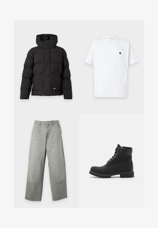 Schwarze Puffjacke mit hohem Kragen, ausgestattet mit einem Reißverschluss vorne, zwei seitlichen Taschen und einem logobezogenen Akzent auf der unteren Vorderseite. Weicher, gesteppten Textur.; Weißes T-Shirt mit kurzen Ärmeln und Rundhalsausschnitt, kleines schwarzes Logo auf der linken Brust, schlichtes Design, flach auf hellem Hintergrund liegend.; Locker sitzende, hoch taillierte graue Hose mit weitem Bein, großen aufgesetzten Taschen vorne, Gürtelschlaufen und Knopfverschluss.; Schwarze Knöchelstiefel aus Wildleder mit Gummisohle, ausgestattet mit metallischen Ösen, Schnürsenkeln und einem weichen Kunstfellkragen am oberen Rand.