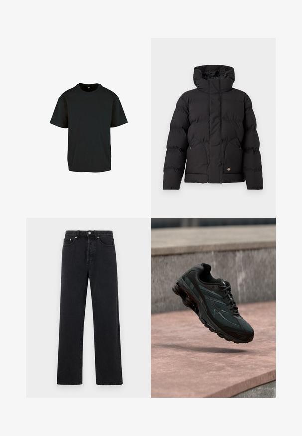 Doudoune noire avec col haut, dotée d'une fermeture éclair à l'avant, de deux poches latérales et d'un accent logo sur le bas à l'avant. Texture douce et matelassée.; T-shirt en coton noir avec un col rond et des manches courtes ; il présente une coupe décontractée et une surface lisse et texturée.; Jean droit en denim noir avec taille haute, cinq poches et fermeture à bouton métallique. Le tissu a une texture lisse et un léger éclat.; Baskets athlétiques noires avec une semelle intercalaire à coussin d’air visible flottant au-dessus d’une surface en pierre rose avec un mur en pierre gris en arrière-plan.
