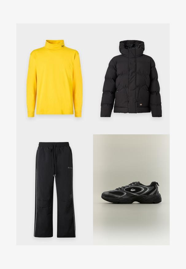 Doudoune noire avec col haut, dotée d'une fermeture éclair à l'avant, de deux poches latérales et d'un accent logo sur le bas à l'avant. Texture douce et matelassée.; Chemise à col roulé jaune vif à manches longues avec un petit logo noir brodé sur le col, design simple, présentée sur un fond blanc.; Pantalons de sport noirs avec taille élastique, rayures blanches sur les côtés et deux poches avant. Présente un logo et une étiquette de taille sur le côté.; Baskets de sport noires et grises avec des panneaux en mesh, un design à lacets, une semelle épaisse et un petit logo de crocodile sur le côté.