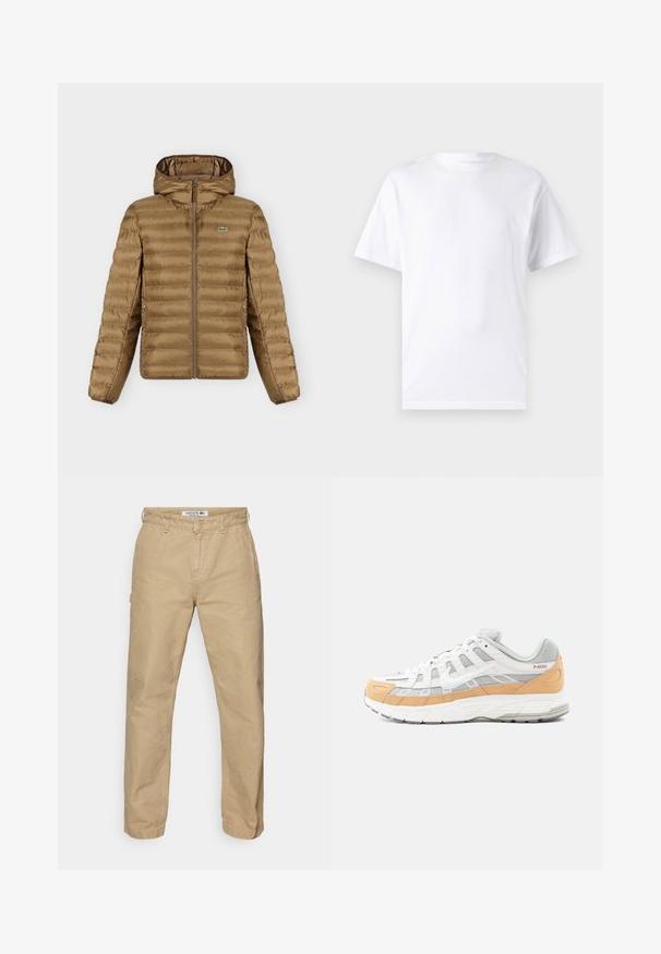 Veste matelassée à capuche marron avec fermeture éclair sur le devant, deux poches zippées et petit logo crocodile vert sur la poitrine.; T-shirt blanc à manches courtes en coton avec un col rond, présentant une texture lisse et un design simple, sans motifs ni accents.; Pantalon en coton léger beige avec une coupe droite, doté d'une fermeture à bouton et d'une texture subtile. Logo Lacoste sur la taille.; Baskets blanches et grises avec des accents orange clair, en mesh et cuir, avec une semelle texturée et un motif géométrique sur les côtés.