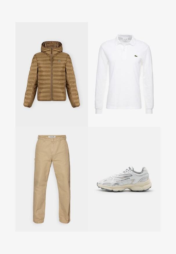 Brun quiltet hættejakke med frontlynlås, to lynlåslommer og lille grønt krokodillelogo på brystet.; Hvid langærmet polo shirt lavet af bomuld, med en klassisk krave og et lille grønt Lacoste-logo på brystet. Glat tekstur.; Beige, lette bomuldsbukser med lige ben-design, der har en knaplukning og en subtil tekstur. Lacoste-logo på taljen.; Hvide sportssko med grå detaljer, overdel i mesh og syntetiske materialer, snørebåndsdesign og tekstureret gummisål med grebemønstre.