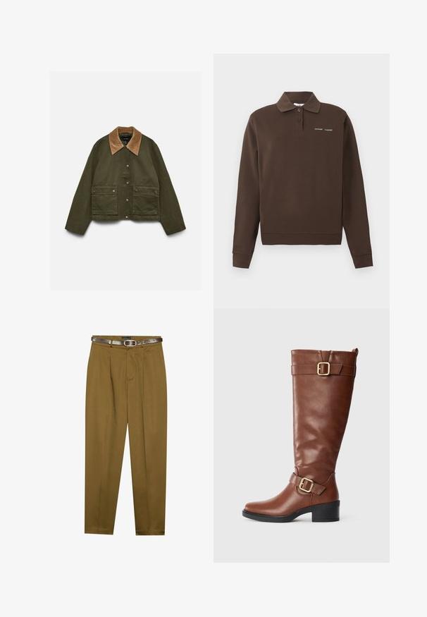 Olivengrøn jakke med brunt kordfløjlsflip, trykknapper foran og to klaplommer med trykknapper på ensfarvet baggrund.; Brun langærmet poloshirt med to knapper og lille hvid logo tekst på venstre bryst, vist på en ensfarvet baggrund.; Brune, skræddersyede bukser med plisseret front og en tætsiddende talje. Mørkebrun læderbælte inkluderet, med en rund spænde.; Brun knæhøj læderstøvle med to gyldne spænder, lav sort blokhæl og snoretab bagpå på en helt hvid baggrund.