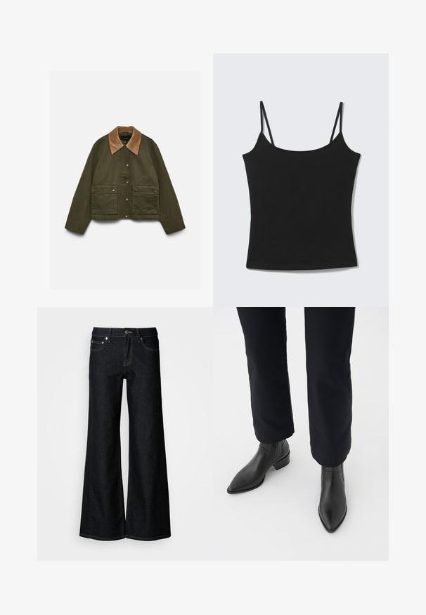Olivgrüne Jacke mit braunem Cordkragen, vorderen Druckknöpfen und zwei Klappentaschen mit Druckknopfverschluss auf einfarbigem Hintergrund.; Schwarzes, ärmelloses, kurz geschnittenes Tanktop mit dünnen Schulterträgern und geradem Ausschnitt auf hellem grauem Hintergrund.; Dunkelblaue Jeans mit weitem Bein, hoher Taille, fünf Taschen und kontrastierenden gelben Nähten entlang der Nähte.; Schwarze Leder-Stiefeletten mit spitzem Zehenbereich, Blockabsatz und strukturierten Seitenpaneelen, kombiniert mit dunklen Hosen vor einem weißen Hintergrund.