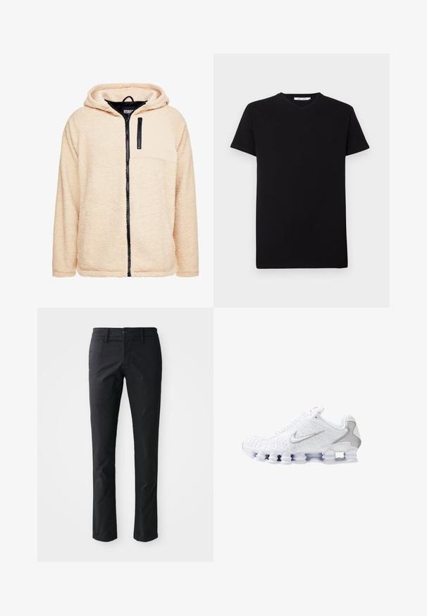 Beige Fleece-Hoodie mit schwarzem Reißverschluss vorne und schwarzem Schulterpaneel. Verfügt über eine Kapuze mit Kordelzug und strukturiertem Stoff für Wärme.; Schwarzes Baumwoll-T-Shirt mit kurzen Ärmeln und V-Ausschnitt. Einfaches Design, einfarbig und weiche Textur. Keine sichtbaren Muster oder Akzente.; Schwarze gerade geschnittene Hose aus glattem Stoff mit einem einzelnen Knopfverschluss und Gürtelschlaufen. Minimalistisches Design ohne sichtbare Muster.; Weiße Sportschuhe mit einer strukturierten Oberseite, einem silbernen Swoosh-Logo, Mesh-Einsätzen und einer markanten, segmentierten weißen Sohle.