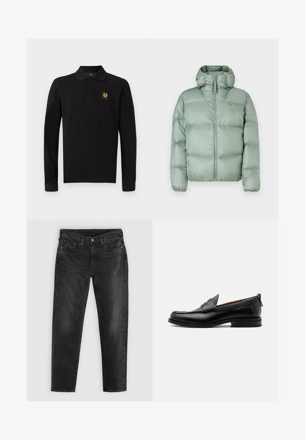 Grøn puffjakke med hætte, der har en frontlynlås, kviltede sektioner og diskret branding. Lavet af glat, shiny materiale.; Sort langærmet polo-shirt lavet af bomuld. Har en klassisk krave, tre-knaps placket og et gyldent emblem på venstre bryst.; Sorte jeans med lige ben, knaplukning, forlommer og bæltestropper, lagt fladt ud på en lysgrå baggrund.; Sort læder herre loafer med moc-tå syning, penny strop, struktureret krave og lav stablet hæl på hvid baggrund.