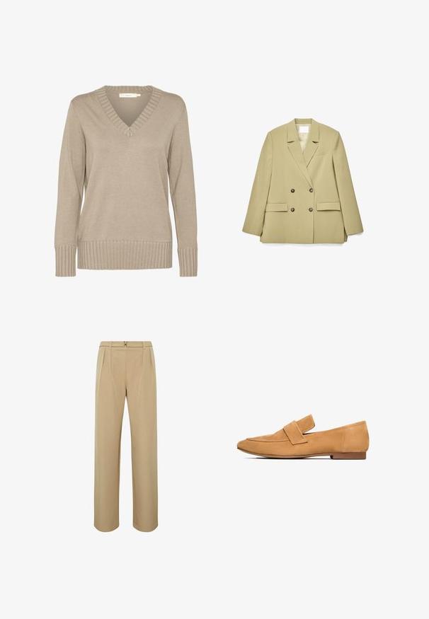 Beige kaksirivinen bleiseri lovikauluksilla, neljällä ruskealla napilla, kahdella läppätaskulla ja yhdellä rintataskulla, kuvattuna valkoista taustaa vasten.; Beige neulepaita V-pääntiellä, ribbausreunuksella ja pitkillä hihoilla. Sileä rakenne, tiivis muotoilu ja hienovaraiset yksityiskohdat kauluksessa.; Beiget korkeavyötäröiset suoralahkeiset housut, joissa on vyölenkit ja pieni metallinen solkikiinnitys vyötäröllä.; Vaaleat mokkasiinit, joissa on litteä korko, pyöreä kärki ja tyylikäs ommeltu ranneke varpaan päällä.