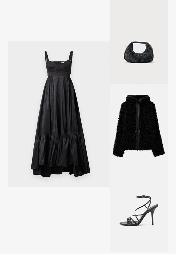 Schwarze Kapuzenjacke aus flauschigem, strukturiertem Stoff mit einem Reißverschluss und Lederelementen am Kragen und an der Vorderseite.; Schwarzes Maxikleid aus glattem Stoff, mit einer taillierten Oberseite, einem Rüschensaum und verstellbaren Schulterträgern.; Schwarze High-Heel-Sandale mit dünnen Riemen, einem Knöchelverschluss, einer glatten Lederoberfläche und einem schlanken Stiletto-Absatz.; Schwarze gewebte Hobo-Tasche mit weicher Struktur und integriertem Griff, dargestellt vor einem schlichten hellen Hintergrund.