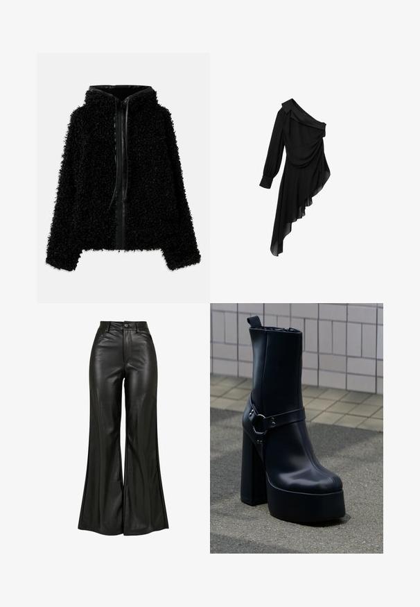 Chaqueta con capucha negra hecha de un tejido esponjoso y con textura, con cierre de cremallera y detalles de cuero en el collar y la parte frontal.; Vestido negro de tejido fluido, con un diseño de un solo hombro, frente drapeado, manga larga y dobladillo asimétrico.; Pantalones de cuero negro acampanados con una textura suave, que cuentan con una cintura alta, cierre de botón y bolsillos frontales. Diseño de pierna ancha y acabado pulido.; Botín de plataforma con tacón alto y grueso de cuero negro y una correa decorativa, colocado sobre pavimento gris frente a una pared revestida con azulejos.