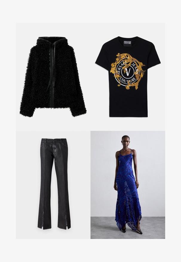 Sort hættejakke lavet af fluffy, struktureret stof med lynlås og læderdetaljer langs kraven og forsiden.; Sort kortærmet Versace Jeans Couture t-shirt med guld barokdesign og en hvid cirkulær logo centreret på fronten.; Sorte flagrende bukser med en glansfuld finish, der har to forlommer og slids ved kanten, lavet af holdbart stof.; Blå og lilla dyreprint maxi kjole med tynde stropper, en tætsiddende bodice, flagrende kant og gennemsigtig overlay-detaljering.