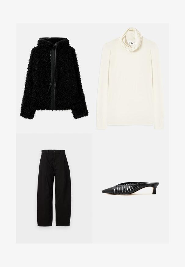 Veste à capuche noire en tissu moelleux et texturé, avec une fermeture éclair et des accents en cuir le long du col et à l'avant.; T-shirt crème à manches longues avec un col drapé et tubulaire. Fabriqué en tissu doux, il présente une texture lisse et une étiquette indiquant "TOVE".; Pantalons larges noirs en coton avec une fermeture à bouton et à zip, dotés de plis avant et de poches latérales.; Mule en cuir noir avec bout pointu, design découpé à brides et petit talon kitten sur fond blanc.