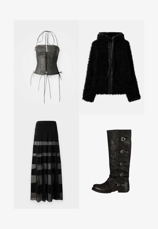 Musta huppari, joka on valmistettu pörröisestä, teksturoidusta kankaasta ja jossa on vetoketju ja nahkaiset yksityiskohdat kauluksessa ja edessä.; Jaded London LONGLINE LACE UP HALTER CORSET - Toppi - black; Mustapuku maxi-hame, jossa on tiukka vyötärö, läpinäkyviä paneeleja ja läpikuultamattomia raitoja. Kevyt kangas, jossa on sileä rakenne.; Mustat nahkaiset polvipituiset saappaat, joissa on teksturoitu pinta, tiukka muotoilu ja viisi säädettävää solkea sivussa. Littee pohja.