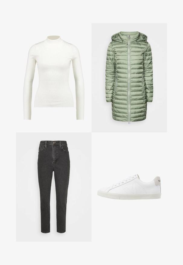 Abrigo acolchado verde con capucha, con secciones acolchadas horizontales y dos bolsillos laterales con cremallera. Material suave y brillante. Cremallera plateada.; Top de cuello alto de manga larga blanco con textura acanalada, de diseño ajustado y superficie suave, que presenta un escote alto y una silueta esbelta.; Vaqueros de mezclilla negros de talle alto con un ajuste slim, que cuentan con un cierre de botón, pasadores para cinturón y un clásico diseño de cinco bolsillos.; Zapatillas de cuero blanco con una suela de goma texturizada en un tono blanco roto. Las características incluyen cordones, costuras sutiles y un acento en gamuza gris en el talón.