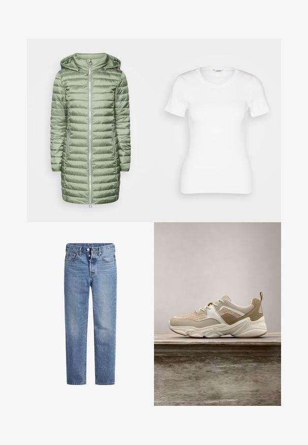 Manteau rembourré vert avec une capuche, présentant des sections matelassées horizontales et deux poches latérales zippées. Matériau lisse et brillant. Fermeture éclair argentée.; T-shirt en coton blanc avec des manches courtes, un col rond et une texture côtelée. Design ajusté avec une finition lisse et nette.; Jeans en denim bleu clair avec une coupe droite, un design à cinq poches et un bouton pression. Présentent une légère décoloration et des coutures orange en accent.; Baskets légères avec une tige en mesh beige, des accents blancs et des détails texturés en tan. Semelle en caoutchouc épaisse avec un motif ondulé unique.