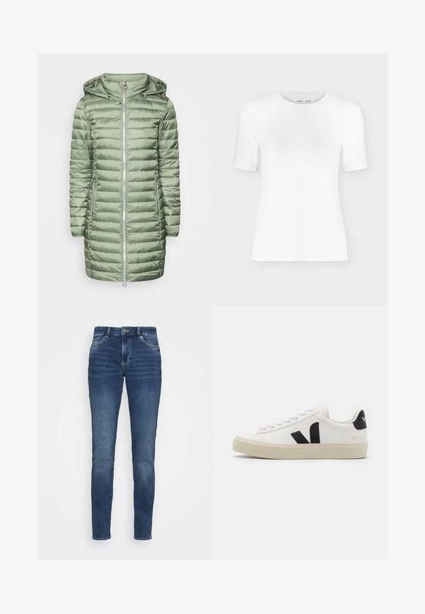 Abrigo acolchado verde con capucha, con secciones acolchadas horizontales y dos bolsillos laterales con cremallera. Material suave y brillante. Cremallera plateada.; Camiseta blanca de manga corta con cuello redondo, ajuste slim y textura de tejido acanalado, mostrada sobre un fondo liso gris claro.; Jeans de mezclilla azul oscuro con un diseño ajustado, cinco bolsillos, desvanecimiento ligero en la parte frontal y herrajes metálicos en la cintura y los bolsillos.; Zapatilla de cuero blanca con logo V de goma negra. Suela texturizada en blanco roto, cordones blancos y detalle en el talón trasero con el nombre de la marca en negro.