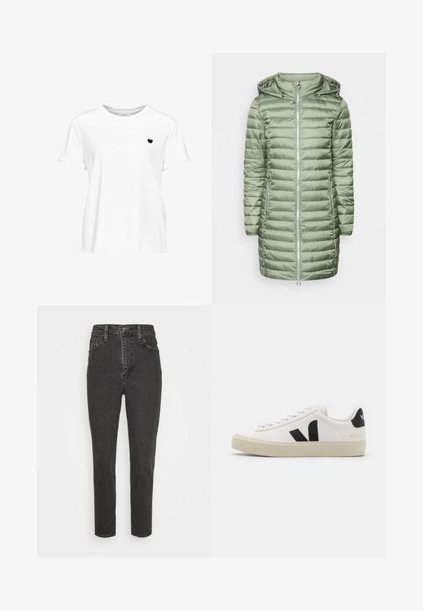 Gevoerde groene jas met een capuchon, voorzien van horizontale gestikte secties en twee zijzakken met ritssluiting. Hiermee voelt het materiaal glad en glanzend aan. Zilveren ritssluiting.; Wit T-shirt met korte mouwen met een kleine zwarte hartgrafiek op de linkerborst en een ronde hals.; Zwarte denim jeans met hoge taille en een slim fit, voorzien van een knoopsluiting, riemlussen en een klassieke vijf-pocket ontwerp.; Witte leren sneaker met zwart rubberen V-logo. Getextureerde off-white zool, witte veters en een achterkant met een detail van de merknaam in het zwart.