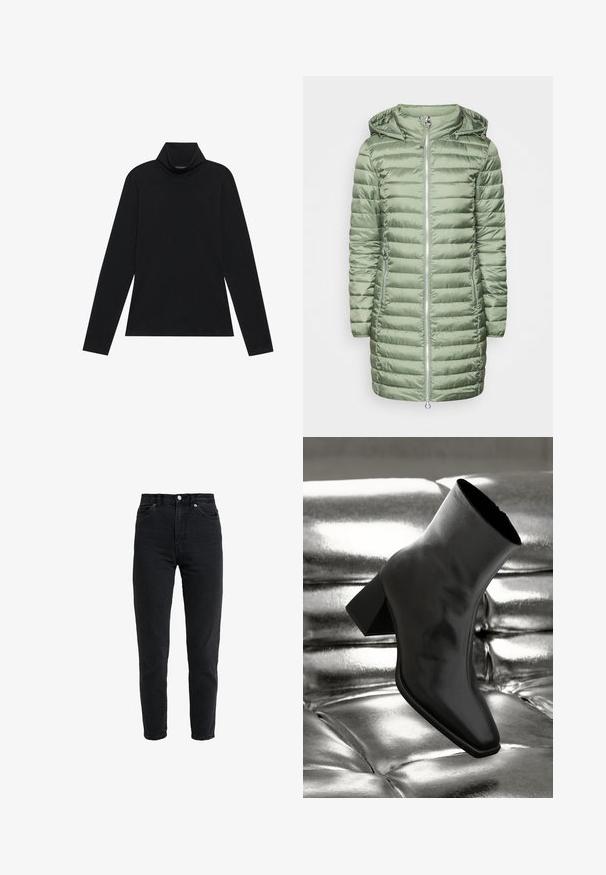 Gevoerde groene jas met een capuchon, voorzien van horizontale gestikte secties en twee zijzakken met ritssluiting. Hiermee voelt het materiaal glad en glanzend aan. Zilveren ritssluiting.; Zwarte langetermijn turtleneck. Zachte stof, getailleerd design, hoge kraag en zijnaad. Eenvoudige en veelzijdige stijl die geschikt is voor het laagjes dragen.; High-waist zwarte spijkerbroek met voorste knoop en rits, twee voorzakken en taps toelopende pijpen op een witte achtergrond.; Zwarte enkellaarsjes van glanzend materiaal met een vierkante neus en taps toelopende hak, afgezet tegen een glanzende zilveren gecapitonneerde achtergrond.