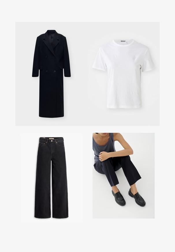 Abrigo largo negro de doble botonadura con solapas anchas, botones delanteros y bolsillos con solapa, presentado sobre un fondo claro y liso.; Camiseta blanca de manga corta hecha de una tela suave. Cuenta con un escote redondo y un corte recto, con una etiqueta en el cuello interior.; Jeans de pierna ancha negros hechos de denim, con cinco bolsillos, remaches de cobre y un cierre clásico de botón. Textura suave con un diseño limpio.; Mocasines de cuero negro con detalles texturizados, tacón bajo, puntera redonda y costuras visibles. Modelo vistiendo pantalones oscuros y una blusa gris.