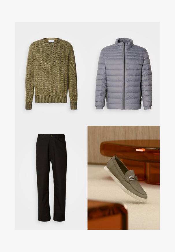 Grau gepolsterte Jacke mit hohem Kragen, Reißverschluss, horizontalem Steppmuster und elastischen Bündchen. Leichtes Material betont die Wärme.; Grüner und gelber Fischgrät-Strickpullover mit geripptem Rundhals- und Bündchen, der ein strukturiertes gewebtes Muster hat.; Schwarze Baumwollhosen mit geradem Schnitt, Gürtelschlaufen, einem Reißverschluss vorne und einem einzelnen Knopfverschluss. Glatte Textur ohne sichtbare Muster.; Ein einzelner grauer Wildleder-Slipper mit weißer Sohle und silbernem Schnallendetail, schwebend über einem hellen Teppich und Holzmöbeln vorgeführt.