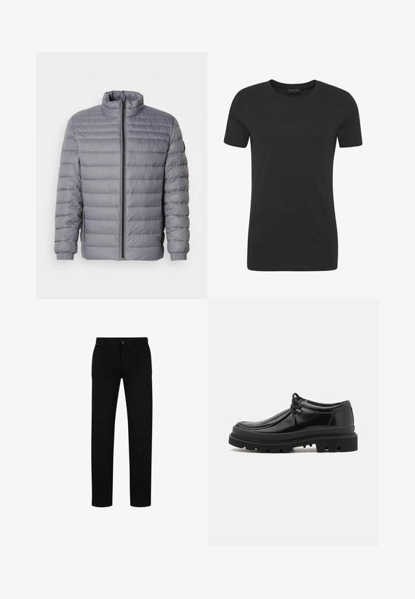 Grijze gewatteerde jas met hoge kraag, ritssluiting, horizontaal gestikte ontwerp en elastische manchetten. Lichtgewicht materiaal benadrukt de warmte.; Zwarte katoenen t-shirt met een ronde hals, korte mouwen en een reguliere pasvorm. Kenmerkt zich door een gladde textuur en een minimalistisch ontwerp.; Zwarte katoenen broek met een rechte pasvorm, voorzien van een knoopsluiting, riemlussen en een minimalistisch ontwerp. Glad van structuur, zonder patronen.; Zwarte leren derby schoenen met een strak ontwerp, ronde neus en een getextureerde rubberen zool met diepe groeven voor grip.