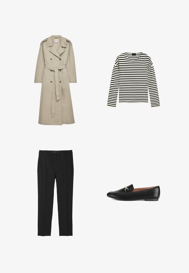 Beige trenchcoat lavet af letvægtsstof. Har dobbeltradede knapper, en bæltet talje og en krave med skulderklapper.; Langærmet skjorte med sorte og hvide vandrette striber og V-hals krave, vist på en ensfarvet hvid baggrund.; Sort bukser lavet af glat stof, med lige ben, frontlommer og en flad talje med ingen synlige lukninger.; Sort læderloafer med en glat tekstur, spids snude, lav hæl og dekorativ guldfarvet spænde foran.