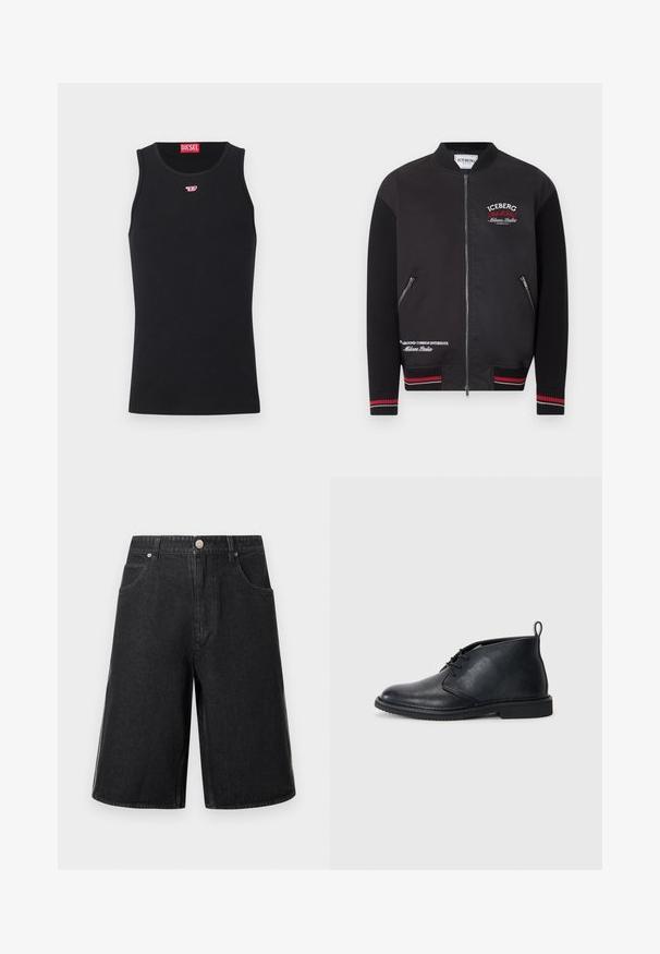 Schwarze Bomberjacke mit gerippten Ärmeln, rot-weißen gestreiften Bündchen, vorderem Reißverschluss, Reißverschlusstaschen und weißen-roten "Iceberg Milano Italia" Schriftzügen.; Schwarzes ärmelloses Diesel Tanktop mit kleinem roten und weißen Logo auf der Brust und rotem Diesel-Label innen im Kragen.; Schwarze Jeans-Shorts mit lockerem Schnitt, zwei vorderen Taschen und Knopfverschluss. Lässiger Stil mit glatter Textur.; Schwarze Leder-Stiefelette mit Schnürung an der Vorderseite, abgerundeter Spitze und Zugschlaufe hinten auf einer flachen Gummisohle.