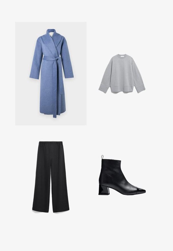 Long manteau bleu en laine avec un large col et une ceinture à nouer, présenté sur fond blanc.; Sweatshirt crewneck gris clair à manches longues avec des bords en rib, affiché sur fond blanc.; Pantalon noir à jambes larges avec une taille élastique. Fabriqué en tissu léger, présentant une texture lisse sans motifs ni accents visibles.; Bottine en cuir noir avec talon bloc et bout pointu en cuir verni, fermeture éclair latérale et languette à l'arrière.