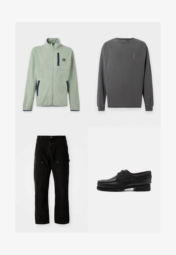 Hellgrüne Fleecejacke mit durchgehendem Frontreißverschluss, Stehkragen, zwei Seitentaschen, einer Brusttasche und dunklen Besatzakzenten.; Langärmeliges Hemd aus dunkelgrauer Baumwolle. Mit rundem Ausschnitt, elastischen Bündchen und kleinem quadratischem Logo-Patch auf der linken Brust.; Schwarze Denim Cargo-Hosen mit lockerer Passform, ausgestattet mit zwei Vordertaschen, Seitentaschen und sichtbaren Nähdetails.; Schwarzer Schuh mit einem Obermaterial aus Leder, textilen Akzenten, runden Schnürsenkeln und einer strukturierten Gummisohle. Verfügt über Mokassin-Nähte und eine Markeninschrift.