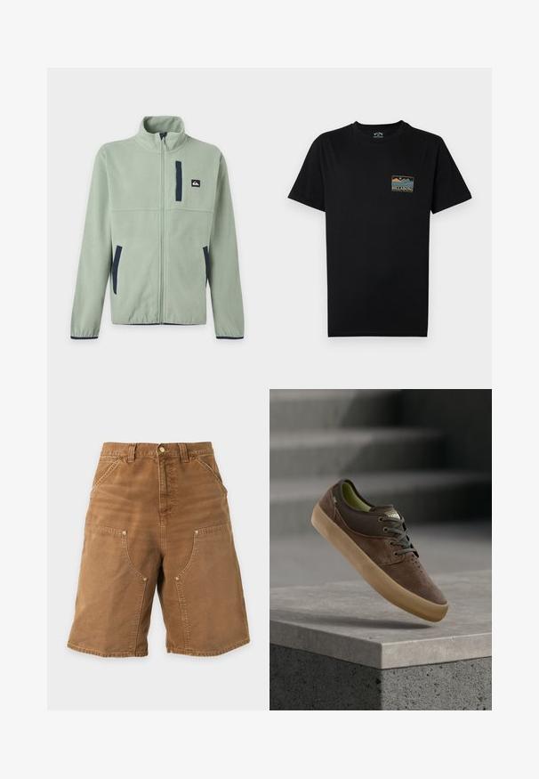 Veste polaire vert clair avec fermeture éclair frontale complète, col montant, deux poches latérales, une poche poitrine et des accents de bordure foncée.; T-shirt noir à manches courtes avec un petit graphique multicolore de montagne et d'océan, ainsi que le texte « BILLABONG Adventure division » sur le côté gauche de la poitrine.; Short de travail marron longueur genou avec poches avant, passants pour ceinture et fermeture par bouton sur un fond clair uni.; Baskets décontractées en daim marron et toile avec semelle en caoutchouc beige, lacets et bout perforé, positionnées au-dessus d’un rebord en béton.