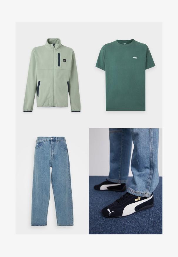 Hellgrüne Fleecejacke mit durchgehendem Frontreißverschluss, Stehkragen, zwei Seitentaschen, einer Brusttasche und dunklen Besatzakzenten.; Dunkelgrünes T-Shirt mit kurzen Ärmeln und Rundhalsausschnitt, mit kleinem weißen "OBEY"-Logo auf der linken Brust, vor einfachem Hintergrund.; Hellblaue Denim-Jeans mit hoher Taille und lockerer Passform, ausgestattet mit zwei vorderen Taschen, einer hinteren Aufsatztasche und einem Knopfverschluss.; Schwarze Wildledersneaker mit weißen Akzenten und einem goldenen Logo. Getragen mit hellblauen Jeans und auf einer strukturierten blauen Oberfläche platziert.