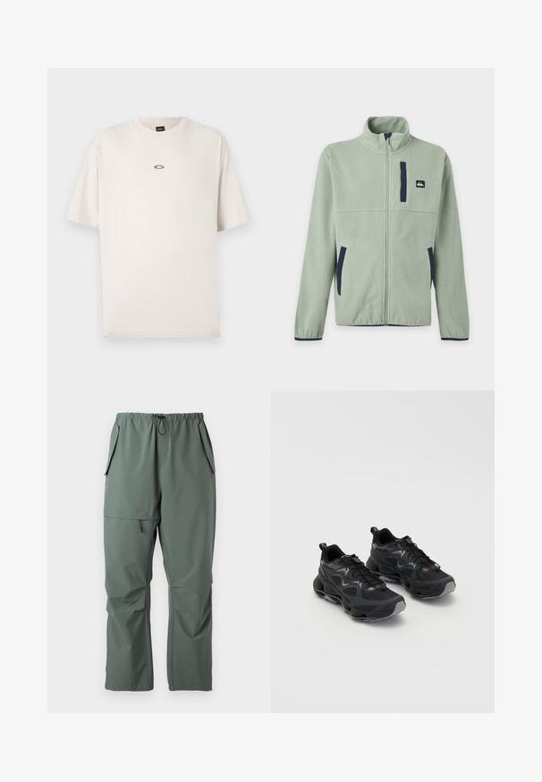 Hellgrüne Fleecejacke mit durchgehendem Frontreißverschluss, Stehkragen, zwei Seitentaschen, einer Brusttasche und dunklen Besatzakzenten.; Oakley RISE TEE - T-Shirt basic - mist; Grüne, leichte Hosen mit elastischem Bund, Kordelzug und mehreren Taschen. Glatte Textur mit einer lässigen, lockeren Passform.; Schwarze Sportschuhe mit einem strukturierten Mesh-Obermaterial, ausgestattet mit einer dicken Sohle, Schnürverschluss und dezenten grauen Akzenten.
