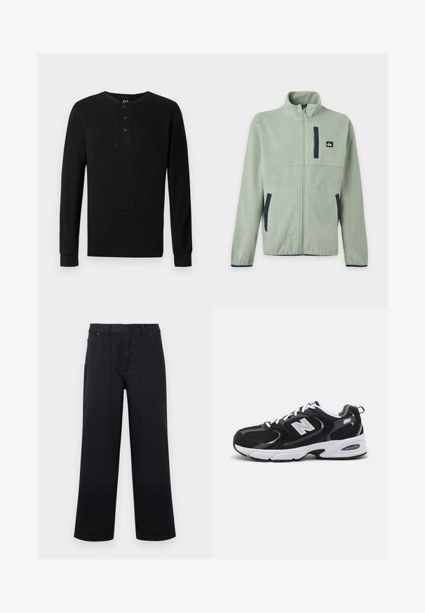 Lichtgroene fleecejas met volledige frontrits, opstaande kraag, twee zijzakken, een borstzak en donkere biezentaccenten.; Zwarte langelijf henley-shirt met een drieknoopsluiting bij de hals, zachte textuur en geribbelde manchetten, met een klassieke pasvorm en minimalistisch ontwerp.; Zwarte broek met wijde pijpen, voorzakken, riemlussen en knoopsluiting, getoond tegen een effen achtergrond.; Zwarte en grijze sport schoenen met een bovenwerk van mesh en suede, voorzien van een witte tussenzool, veters en een gedurfde "N"-logo aan de zijkant.