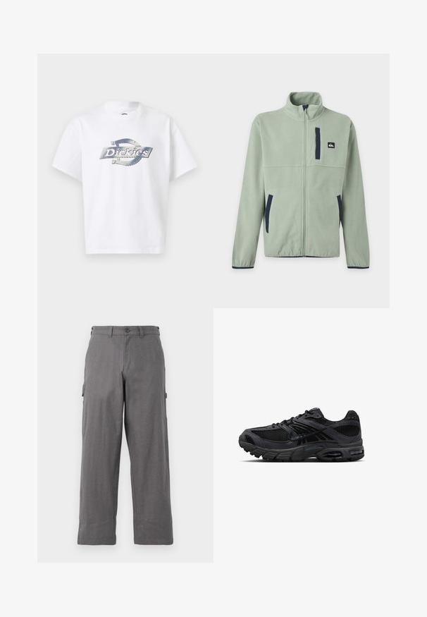 Veste polaire vert clair avec fermeture éclair frontale complète, col montant, deux poches latérales, une poche poitrine et des accents de bordure foncée.; T-shirt blanc à manches courtes avec un logo "Dickies" argent métallique centré sur la poitrine sur un fond uni.; Pantalons cargo gris avec une coupe droite, fabriqués en tissu durable. Comprend des poches latérales et une fermeture à bouton à la taille.; Chaussure de course Nike noire et gris foncé avec tissu en mesh, empiècements en daim, semelle amortie et unités d'air visibles au talon et à l'avant-pied.