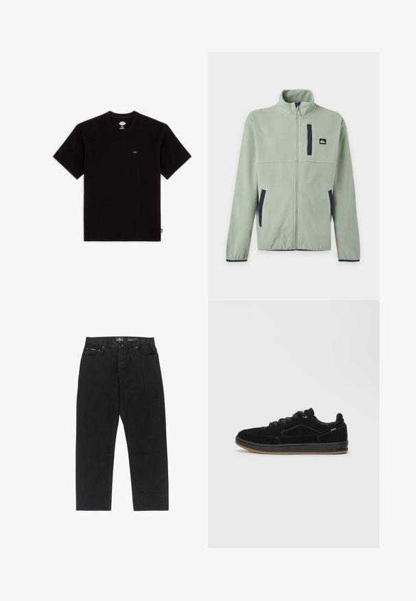 Lichtgroene fleecejas met volledige frontrits, opstaande kraag, twee zijzakken, een borstzak en donkere biezentaccenten.; Zwarte katoenen t-shirt met korte mouwen, ronde hals, voorzien van een klein logo label op de borst en een eenvoudig ontwerp zonder patronen of accenten.; Zwarte baggy jeans van denim met een gladde textuur. Beschikt over een five-pocket ontwerp en een knoopsluiting bij de taille.; Zwarte suède sneakers met een gladde rubberen zool, voorzien van een lage hals, ronde veters en subtiele stikselaccenten.