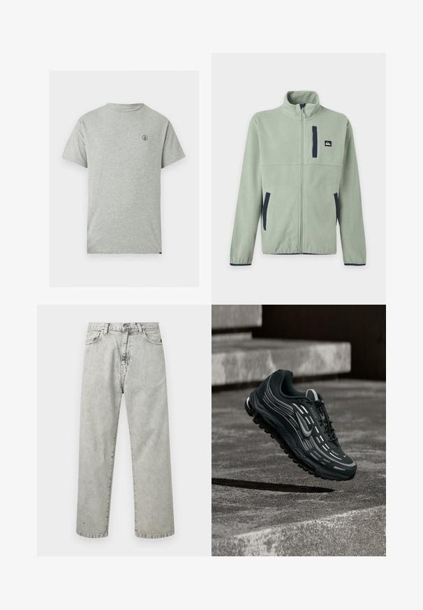 Veste polaire vert clair avec fermeture éclair frontale complète, col montant, deux poches latérales, une poche poitrine et des accents de bordure foncée.; T-shirt gris à manches courtes en coton, avec un col rond et un petit logo noir sur le côté gauche de la poitrine. Design simple.; Jean droit gris clair à taille haute avec poches avant, passants pour ceinture et fermeture par bouton, présenté sur fond blanc.; Baskets Nike Air Max noires et grises flottant au-dessus de marches en béton gris avec un fond de sol texturé.