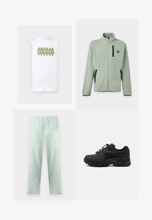 Veste polaire vert clair avec fermeture éclair frontale complète, col montant, deux poches latérales, une poche poitrine et des accents de bordure foncée.; T-shirt blanc sans manches avec des motifs triangulaires orange et turquoise et le texte "VOLCOM" sur la poitrine.; Pantalon vert clair à cordon de serrage avec taille élastique, jambes droites, et texture subtile à côtes verticales.; Baskets de sport noires avec tissu texturé, semelle épaisse et rembourrée, aérations et fermeture à lacets, vues de profil sur fond clair.