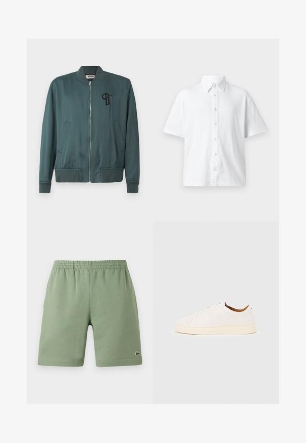 Grüner Bomberjacke mit Reißverschluss, gerippten Bündchen und Saum, zwei seitlichen Taschen und einem schwarzen gestickten Logo auf der linken Brust.; Weißes kurzärmliges Hemd mit Knopfleiste aus strukturiertem Stoff, klassischem Kragen und Liniendesign. Sechs Knöpfe entlang der Vorderseite.; Grüne Baumwollshorts mit elastischem Bund, lässiger Passform und kleinem gesticktem Logo auf der unteren linken Seite. Glatte Textur, keine Taschen.; Weißer Sneaker mit niedrigem Schaft und Schnürdesign, minimalen Nähten und einer cremefarbenen Sohle auf hellgrauem Hintergrund.