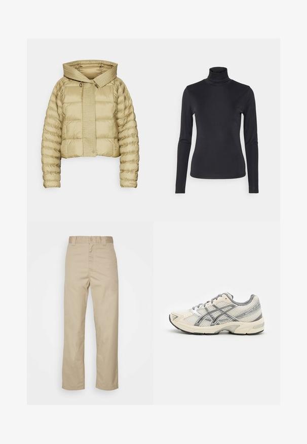 Gekürzte Daunenjacke in hellem Beige mit gestepptem Muster und weitem Kapuzenkragen. Verfügt über eine Knopfleiste vorne und elastische Ärmelbündchen.; Schwarzes Langarm-Turtleneck-Oberteil aus einem glatten, dehnbaren Stoff. Hat ein figurbetontes Design und einen hohen Kragen. Minimalistischer Stil, keine sichtbaren Muster.; Beige Baumwoll-Chinos mit geradem Schnitt, Knopfverschluss und Gürtelschlaufen. Glatte Textur ohne sichtbare Muster oder Akzente.; Laufschuhe mit einem atmungsaktiven weißen Mesh-Obermaterial, silbernen Akzenten, grauen Schnürsenkeln und einer langlebigen schwarzen Gummisohle. Leichtes, gepolstertes Design.
